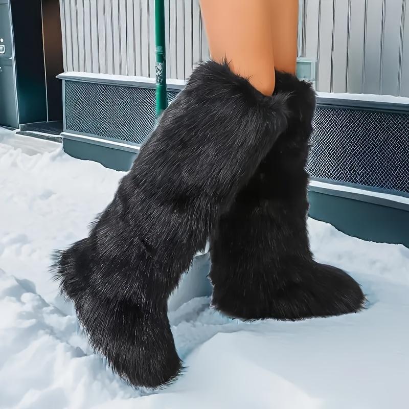 Women's Fluffy Faux Fur Boots, Pull On Platform Soft Sole High Knee Winter Boots, Round Toe Non-slip Warm Snow Boots