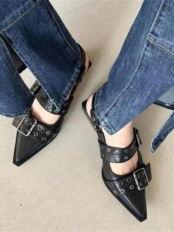 Women's Punk Style Grommet Eyelet Design Pointed Toe Flat Sandals, Fashionable Buckle Design Sandals for Daily Wear, Casual Versatile Shoes for Women