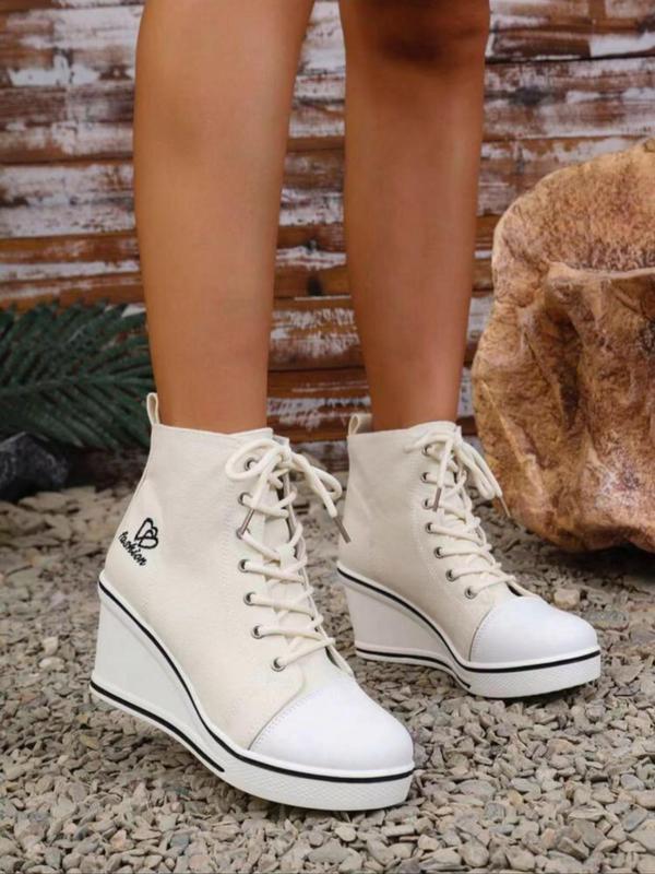 Women's Fashionable Letters & Heart Embroidered Lace Up Platform Sneakers, Casual Comfortable High Top Wedge Sneakers, Female All-match Round Toe Shoes for Daily Wear