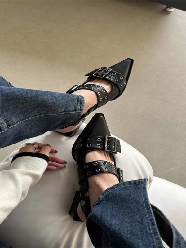 Women's Punk Style Grommet Eyelet Design Pointed Toe Flat Sandals, Fashionable Buckle Design Sandals for Daily Wear, Casual Versatile Shoes for Women