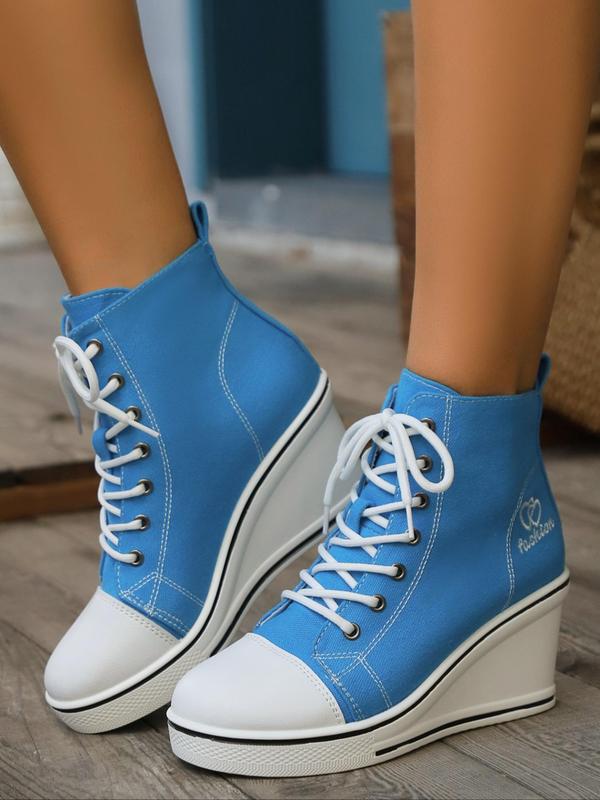 Women's Fashionable Letters & Heart Embroidered Lace Up Platform Sneakers, Casual Comfortable High Top Wedge Sneakers, Female All-match Round Toe Shoes for Daily Wear