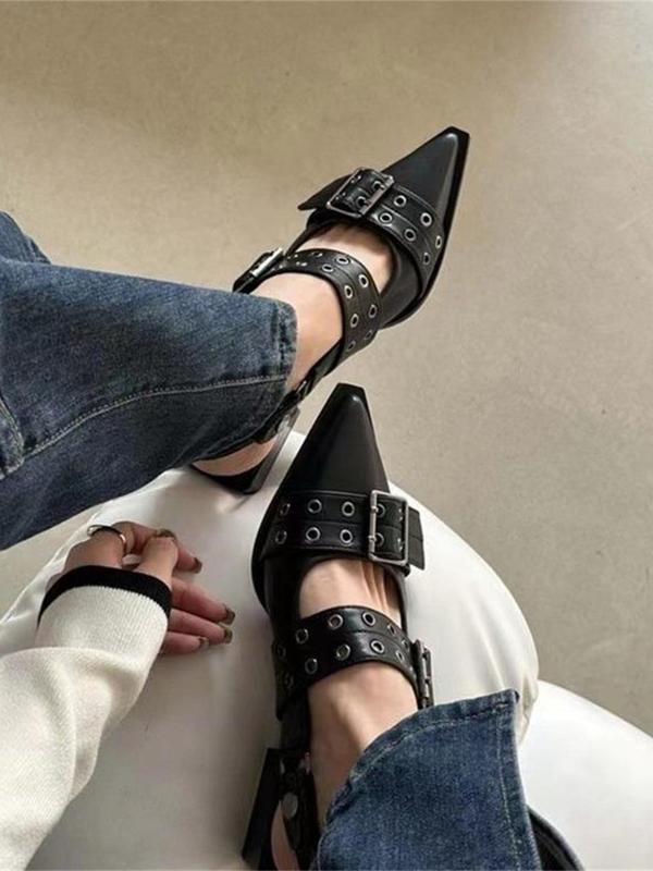 Women's Punk Style Grommet Eyelet Design Pointed Toe Flat Sandals, Fashionable Buckle Design Sandals for Daily Wear, Casual Versatile Shoes for Women