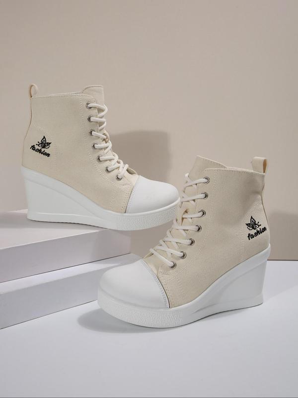 Women's Fashionable Letters & Heart Embroidered Lace Up Platform Sneakers, Casual Comfortable High Top Wedge Sneakers, Female All-match Round Toe Shoes for Daily Wear