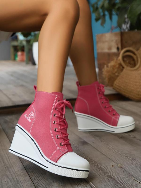 Women's Fashionable Letters & Heart Embroidered Lace Up Platform Sneakers, Casual Comfortable High Top Wedge Sneakers, Female All-match Round Toe Shoes for Daily Wear