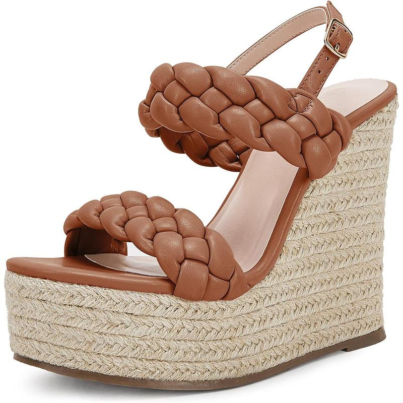 Coutgo Women's Braided Espadrille Platform Wedge Sandals Open Toe Two Strap Ankle Buckle Summer Shoes