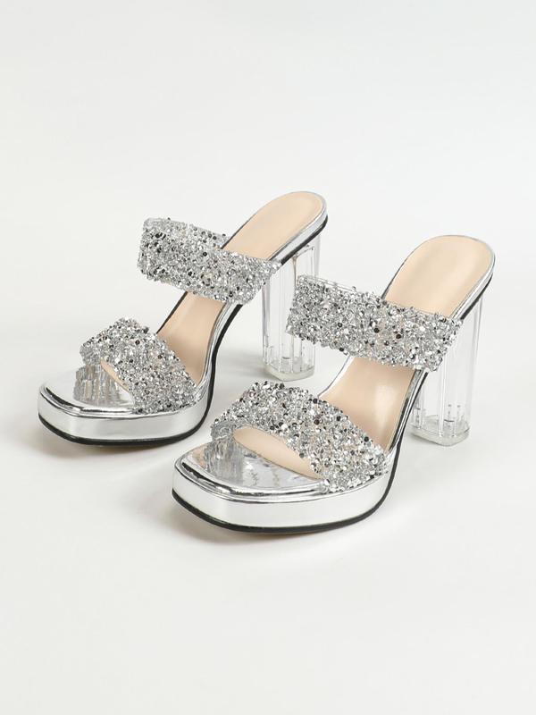 Fashionable Glittering Sequins Design High Heel Sandals, Elegant Transparent Design Square Toe Transparent Platform Heeled Sandals for Women