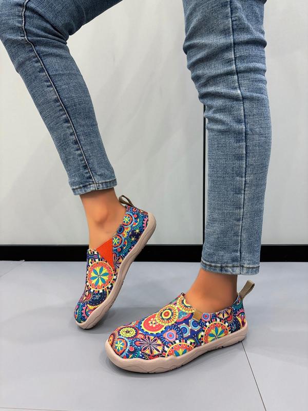 Women's Boho Style Colorful Printed Low Top Slip on Shoes, 1 Pair Casual Comfortable Round Toe Shoes for Daily Wear, Perfect for Students and Outdoor Activities