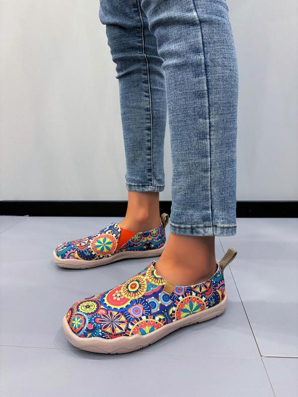 Women's Boho Style Colorful Printed Low Top Slip on Shoes, 1 Pair Casual Comfortable Round Toe Shoes for Daily Wear, Perfect for Students and Outdoor Activities