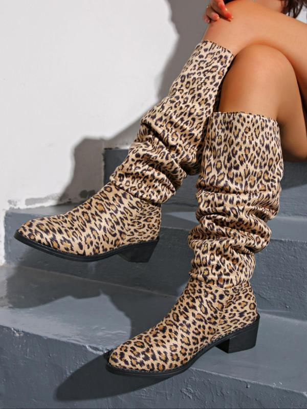 Women's Fashion Leopard Print Ruched Boots, Trendy Pointed Toe High Heel Boots, Stylish Boots for Daily Wear for All Seasons