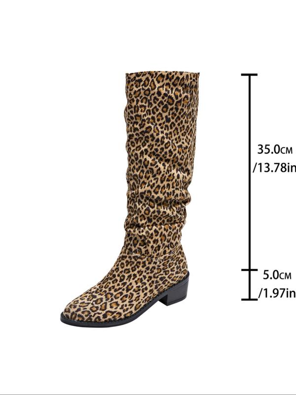 Women's Fashion Leopard Print Ruched Boots, Trendy Pointed Toe High Heel Boots, Stylish Boots for Daily Wear for All Seasons