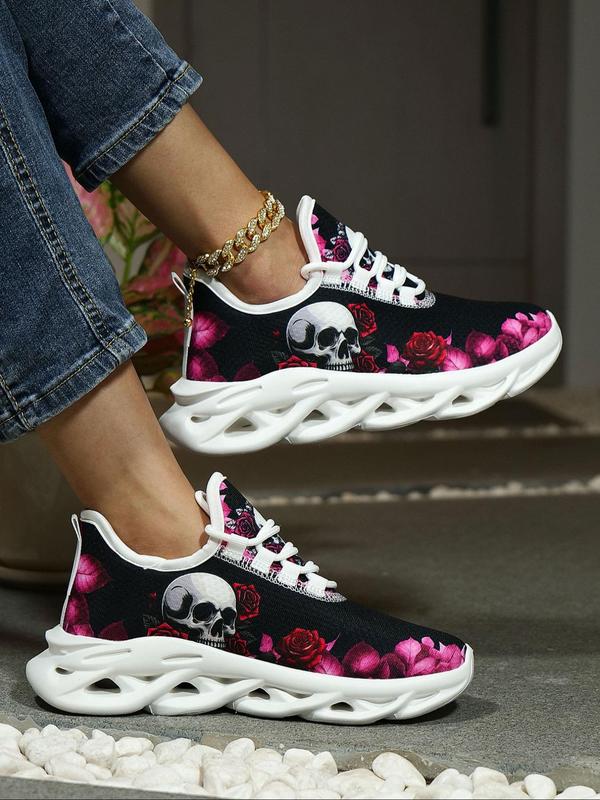 Women's Fashionable Cartoon Skull Pattern Lace Up Low Top Sneakers, Casual Comfortable Breathable Sports Shoes, Female All-match Round Toe Shoes for Daily Wear