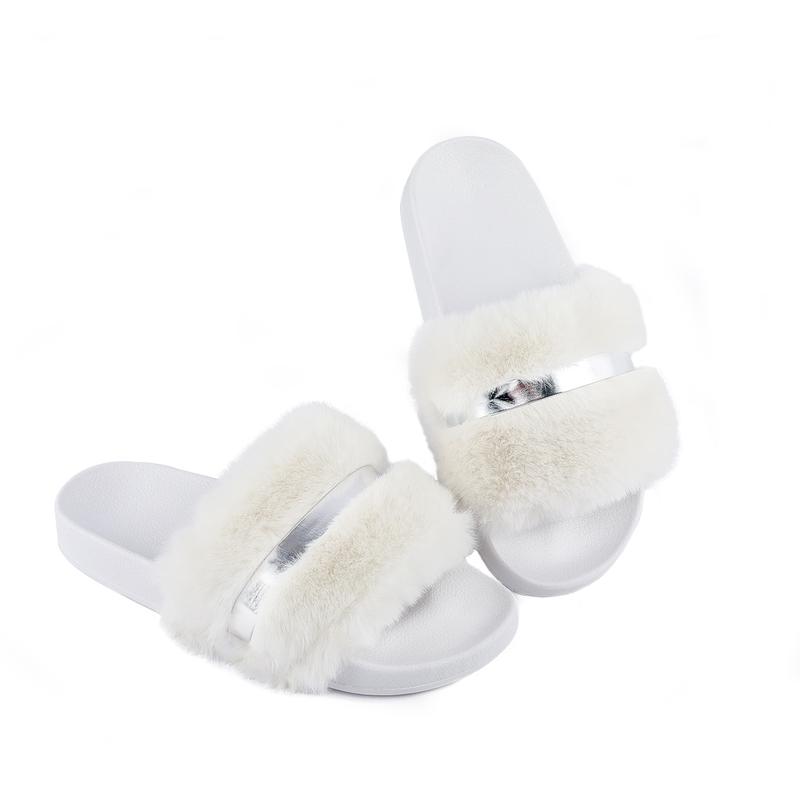 Women's Faux Fur Slides, Open Toe Cute Fur Slippers, Comfortable Fur Sandals With Fluffy Fur Girl Shoe Footwear Walking Shoes Nail Elastic Summer 2 Inch