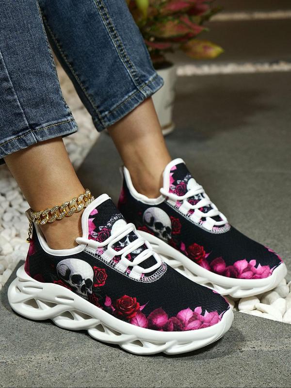 Women's Fashionable Cartoon Skull Pattern Lace Up Low Top Sneakers, Casual Comfortable Breathable Sports Shoes, Female All-match Round Toe Shoes for Daily Wear