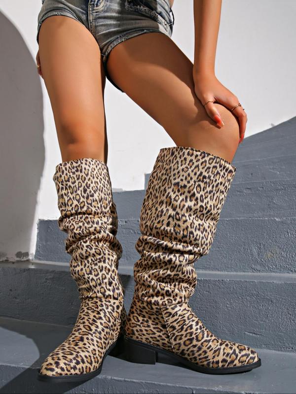 Women's Fashion Leopard Print Ruched Boots, Trendy Pointed Toe High Heel Boots, Stylish Boots for Daily Wear for All Seasons