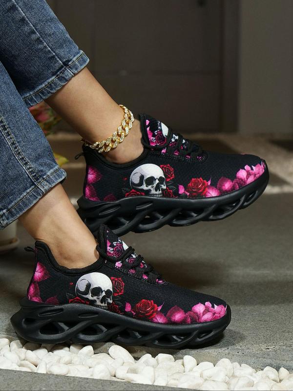 Women's Fashionable Cartoon Skull Pattern Lace Up Low Top Sneakers, Casual Comfortable Breathable Sports Shoes, Female All-match Round Toe Shoes for Daily Wear