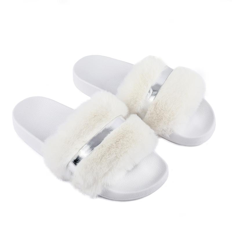 Women's Faux Fur Slides, Open Toe Cute Fur Slippers, Comfortable Fur Sandals With Fluffy Fur Girl Shoe Footwear Walking Shoes Nail Elastic Summer 2 Inch