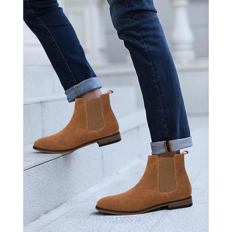 Mens Chelsea Boot Slip On Pointed Toe Stacked Low Heel Faux Suede Casual Dress Boot