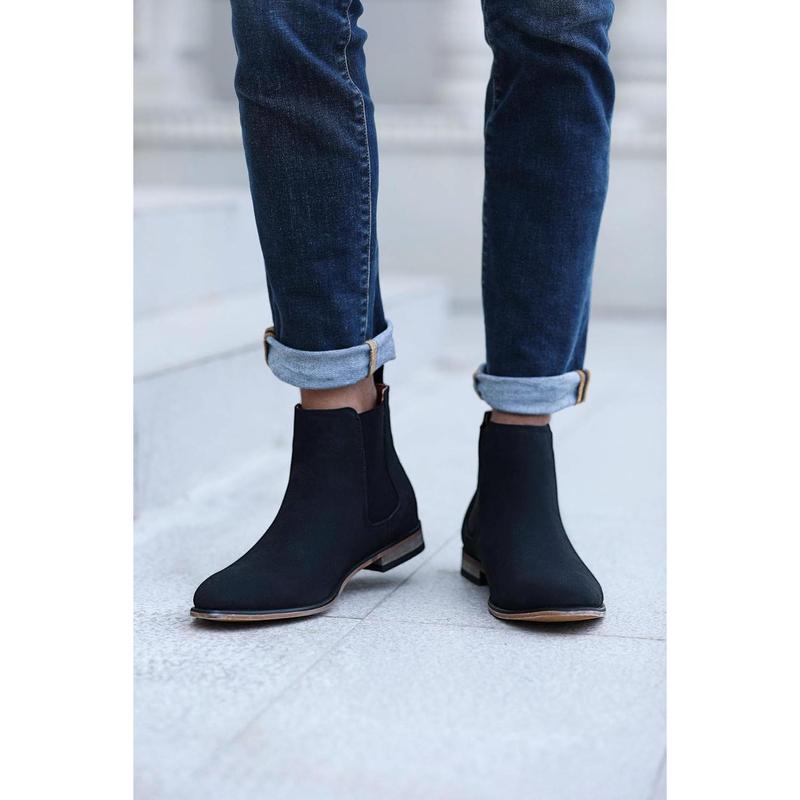 Mens Chelsea Boot Slip On Pointed Toe Stacked Low Heel Faux Suede Casual Dress Boot