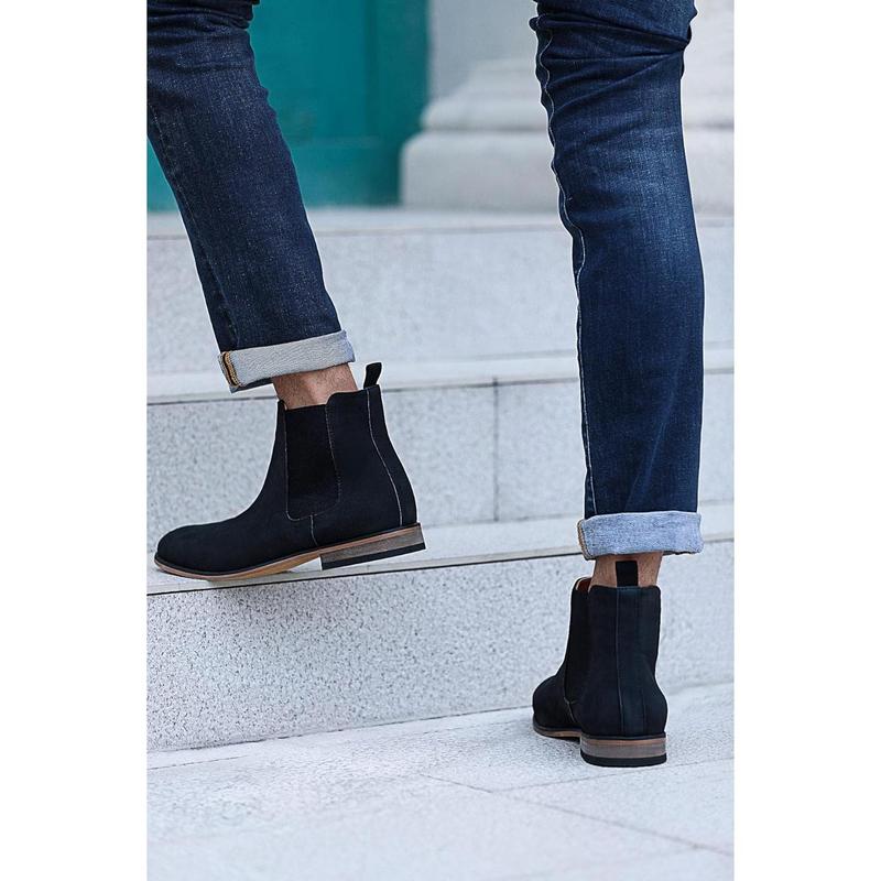 Mens Chelsea Boot Slip On Pointed Toe Stacked Low Heel Faux Suede Casual Dress Boot