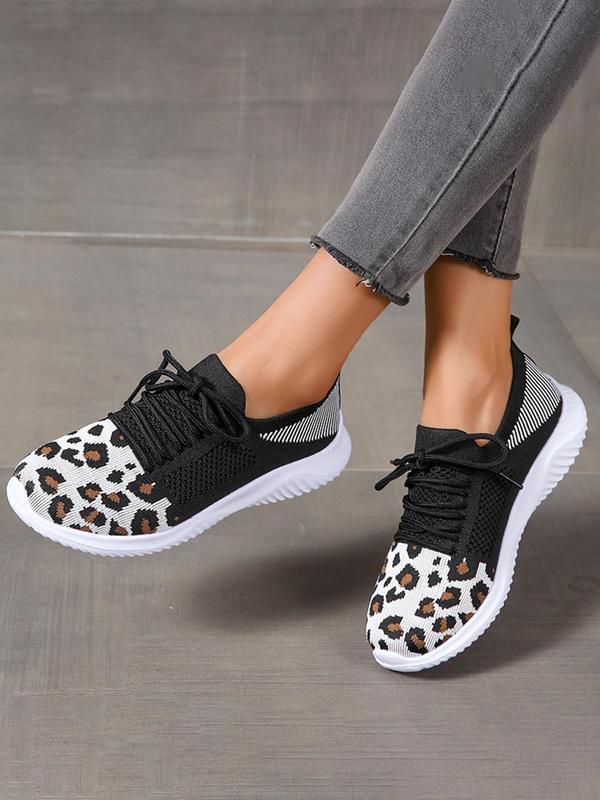 Fashion Leopard Pattern Lace Up Mesh Sneakers, Casual Breathable Comfortable Sports Running Shoes, All-match Round Toe Shoes for Women