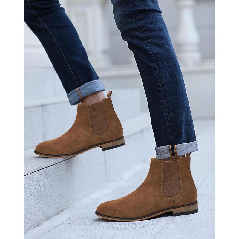 Mens Chelsea Boot Slip On Pointed Toe Stacked Low Heel Faux Suede Casual Dress Boot