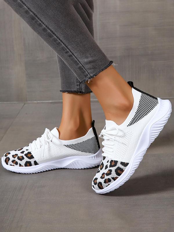 Fashion Leopard Pattern Lace Up Mesh Sneakers, Casual Breathable Comfortable Sports Running Shoes, All-match Round Toe Shoes for Women