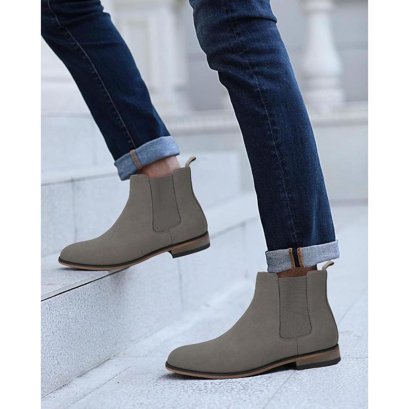 Mens Chelsea Boot Slip On Pointed Toe Stacked Low Heel Faux Suede Casual Dress Boot