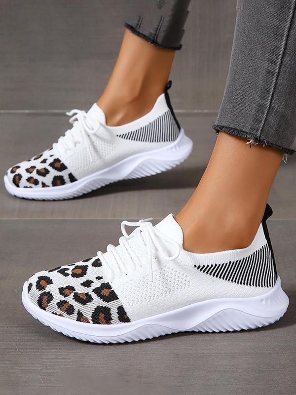 Fashion Leopard Pattern Lace Up Mesh Sneakers, Casual Breathable Comfortable Sports Running Shoes, All-match Round Toe Shoes for Women