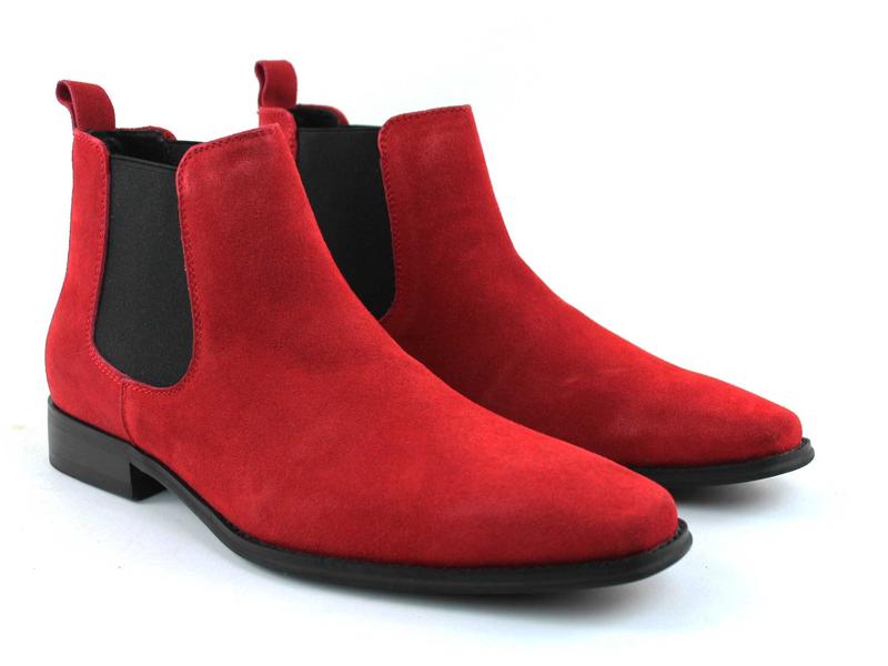 Men's Real Suede Red Chelsea Boots Ankle High Pull On Round Toe Slip Resistant Block Heel AZARMAN