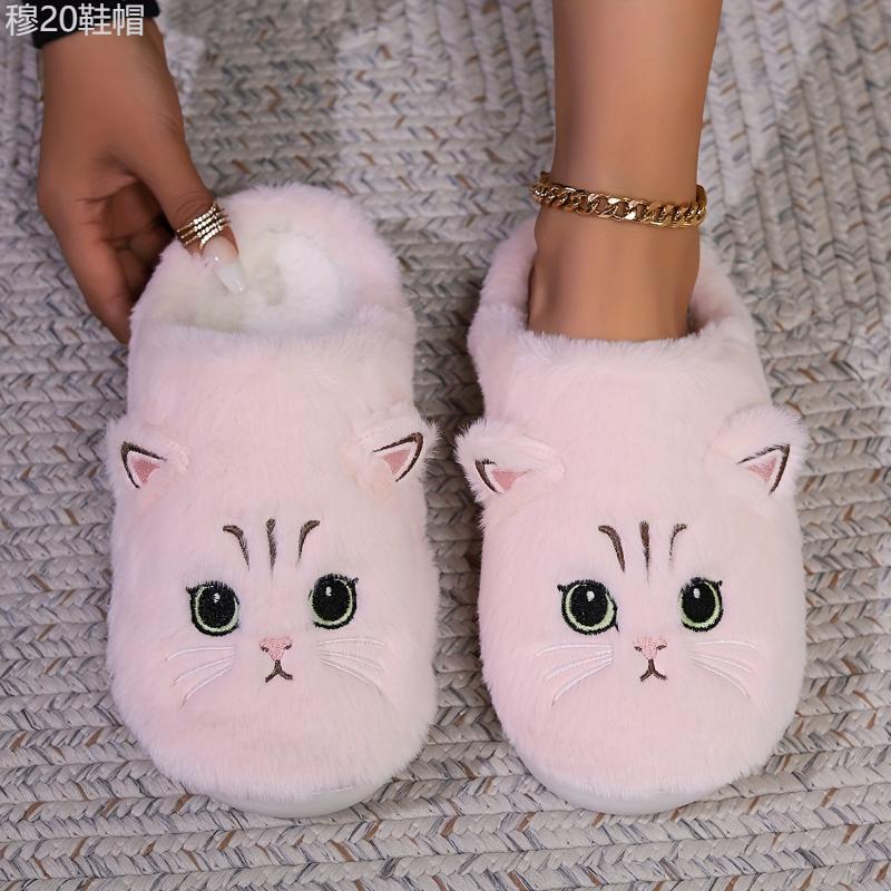 Kawaii Cartoon Cat Winter Plush Slippers, Soft Sole Warm Fuzzy House Shoes for Women and Men Girl Footwear