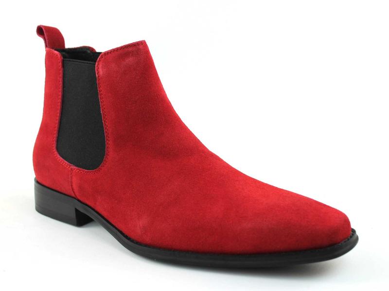 Men's Real Suede Red Chelsea Boots Ankle High Pull On Round Toe Slip Resistant Block Heel AZARMAN