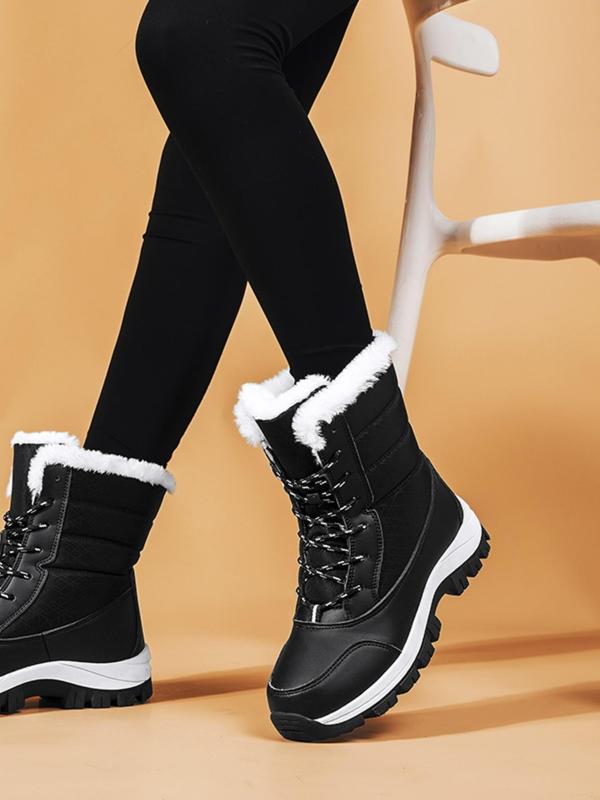 Women's Fashionable Lace Up Mid-calf Snow Boots, Casual Warm Thick Sole Boots for Fall & Winter, Female All-match Trendy Shoes for Daily Footwear, Fall Outfits, Fall Freshness