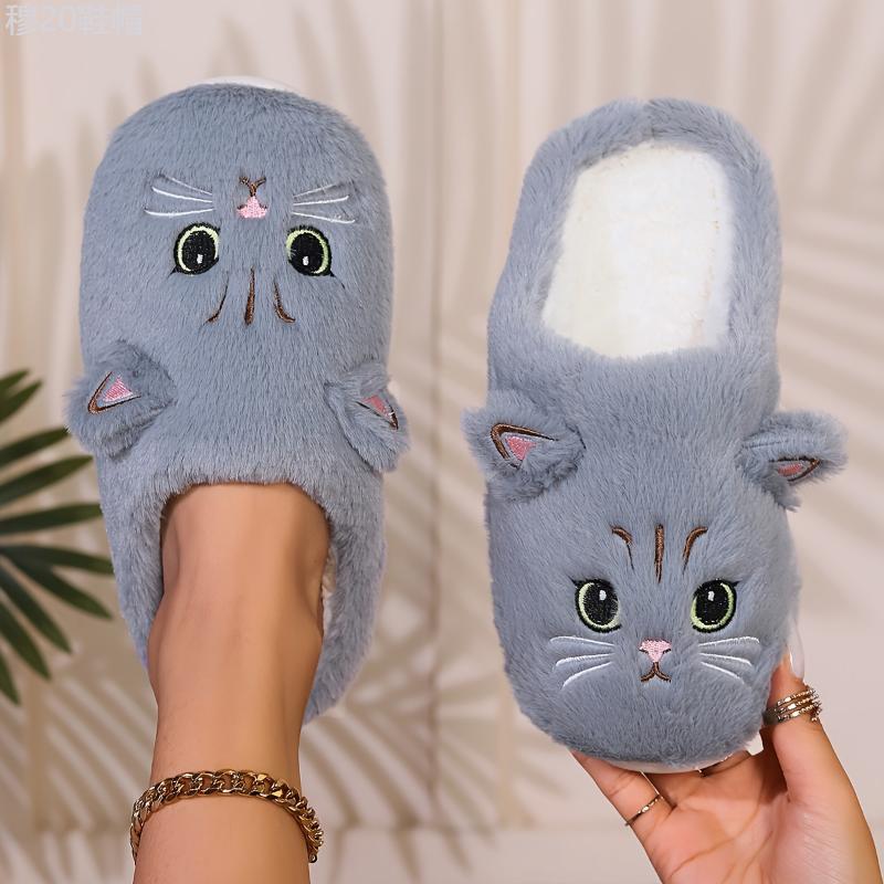 Kawaii Cartoon Cat Winter Plush Slippers, Soft Sole Warm Fuzzy House Shoes for Women and Men Girl Footwear