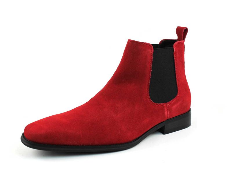 Men's Real Suede Red Chelsea Boots Ankle High Pull On Round Toe Slip Resistant Block Heel AZARMAN