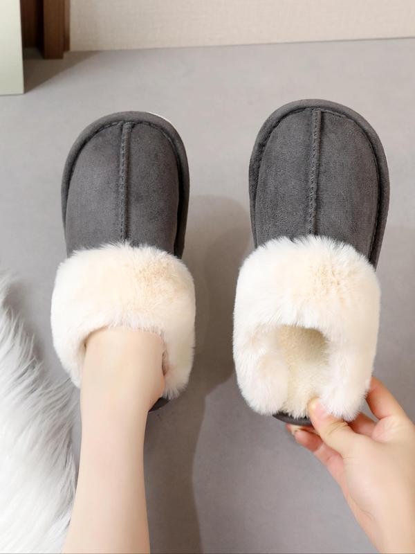 Women's Casual Minimalist Fluffy Plush Trim Lined House Slippers, Trendy Soft Plain Color Home Slippers, Warm Fuzzy Slippers for Fall & Winter, Girl's Comfort Walking Shoes, Footwear