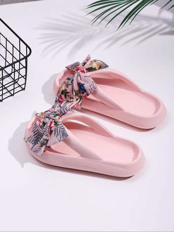 Women's Cute Floral Graphic Bowknot Design Platform Flip Flops for Spring, 2024 New Trendy Flatform Slide Sandals, Fashionable House Slippers for Women for Beach Vacation