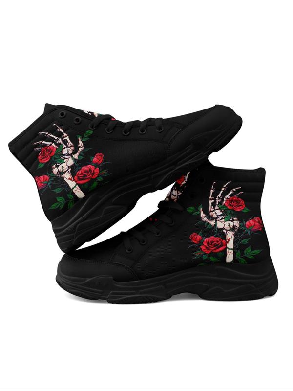 Women's Floral & Skeleton Hand Print High Top Sneakers, Fashionable Lace Up Front Chunky Sneakers, Casual Comfortable Sports Shoes for Daily Wear