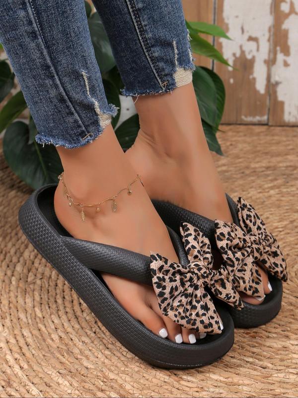 Women's Cute Floral Graphic Bowknot Design Platform Flip Flops for Spring, 2024 New Trendy Flatform Slide Sandals, Fashionable House Slippers for Women for Beach Vacation