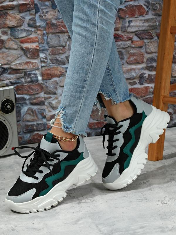 Women's Trendy Color Block Low Top Sneakers, Chunky Sneakers with Lace Up, Fall Shoes