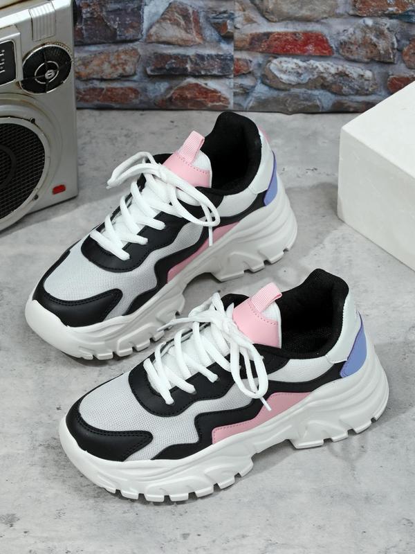 Women's Trendy Color Block Low Top Sneakers, Chunky Sneakers with Lace Up, Fall Shoes