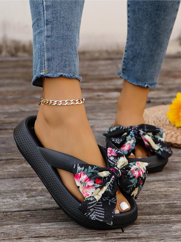 Women's Cute Floral Graphic Bowknot Design Platform Flip Flops for Spring, 2024 New Trendy Flatform Slide Sandals, Fashionable House Slippers for Women for Beach Vacation