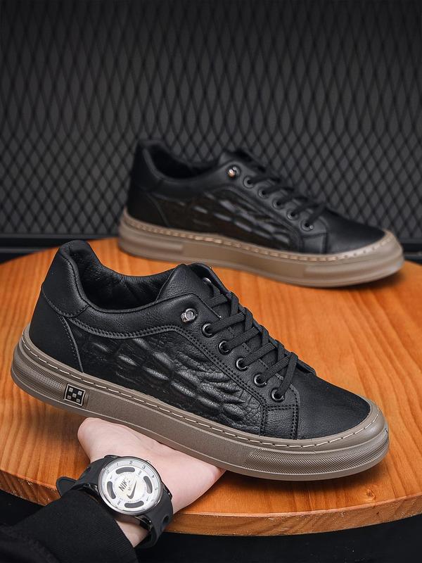 Men's Casual Low Top Round Toe PU Leather Sneakers With Lace Up,Fashion Crocodile Embossed Platform Skate Sneakers