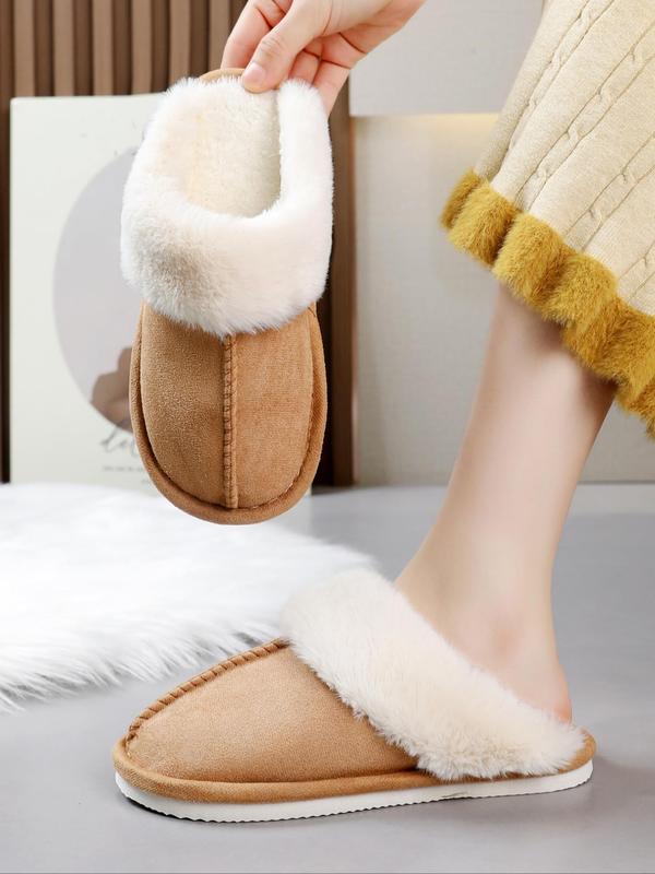 Women's Casual Minimalist Fluffy Plush Trim Lined House Slippers, Trendy Soft Plain Color Home Slippers, Warm Fuzzy Slippers for Fall & Winter, Girl's Comfort Walking Shoes, Footwear