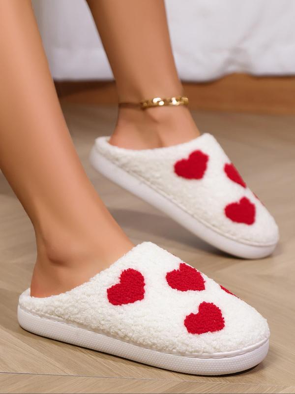 Women's Cute Heart Print Plush Slippers, Casual Soft Comfortable Home Slippers, Warm Slippers for Indoor & Outdoor Use for Fall & Winter