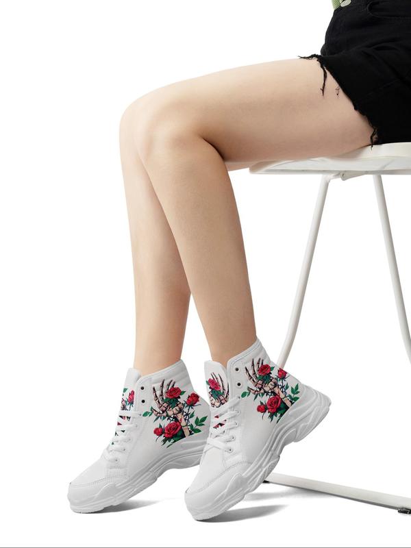 Women's Floral & Skeleton Hand Print High Top Sneakers, Fashionable Lace Up Front Chunky Sneakers, Casual Comfortable Sports Shoes for Daily Wear