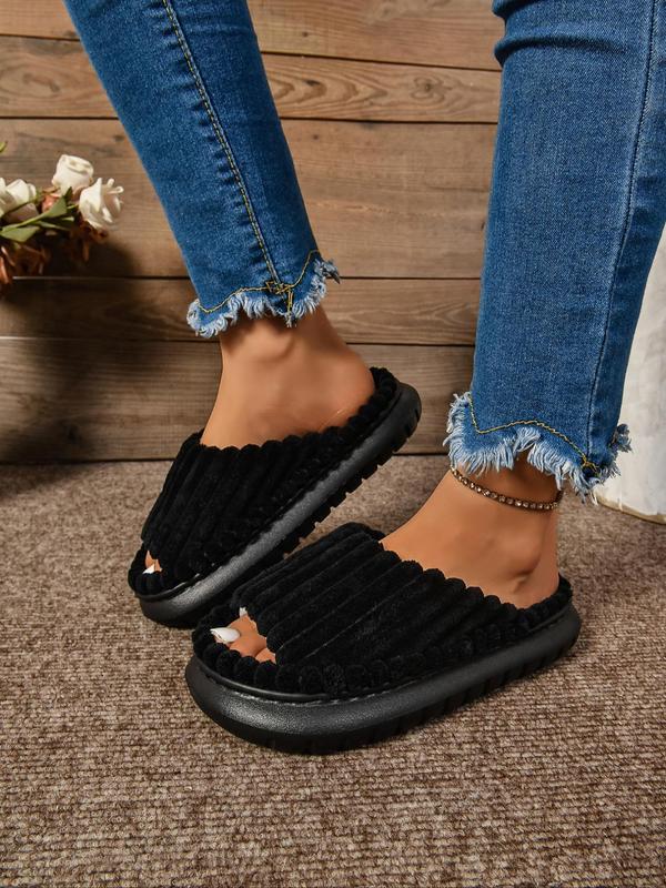 Women's Minimalist Plain Color Striped Design Slippers, Casual Soft Comfortable Home Slippers, Non-slip Thick Sole Slippers for Indoor & Outdoor Wear