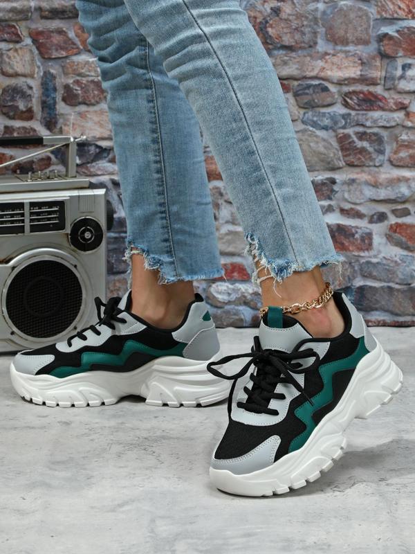 Women's Trendy Color Block Low Top Sneakers, Chunky Sneakers with Lace Up, Fall Shoes