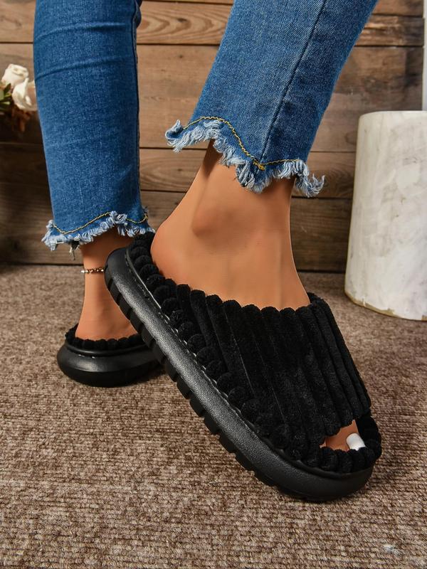 Women's Minimalist Plain Color Striped Design Slippers, Casual Soft Comfortable Home Slippers, Non-slip Thick Sole Slippers for Indoor & Outdoor Wear