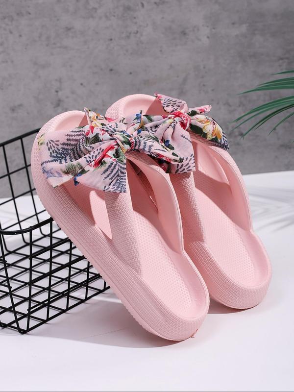 Women's Cute Floral Graphic Bowknot Design Platform Flip Flops for Spring, 2024 New Trendy Flatform Slide Sandals, Fashionable House Slippers for Women for Beach Vacation