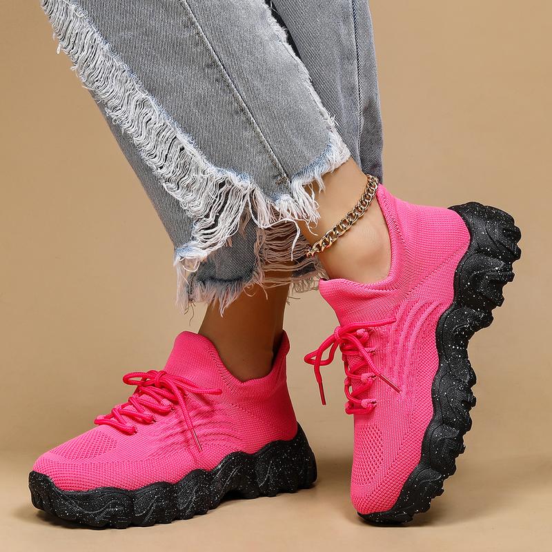 2024 Summer Lace-up Women's Low Top Sneakers for All-day Comfort, Trendy Plain Design, Knit Sports Running Shoes